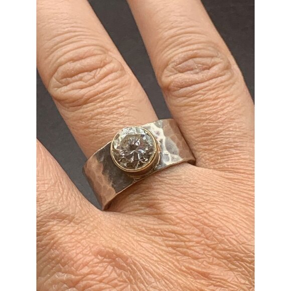 Sterling Silver Hammered Band Ring Large Quartz Stone Mexico Handmade Size 11 - Picture 8 of 9